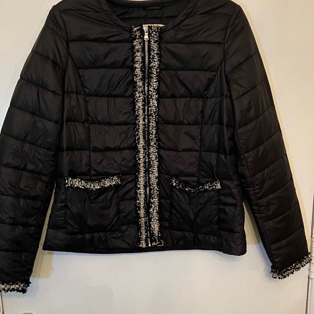Molly Bracken Black Puffer Jacket with Tweed Trim